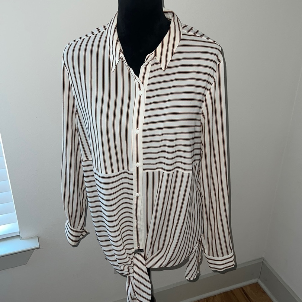 DR2 White and Brown Striped Button-Down Shirt